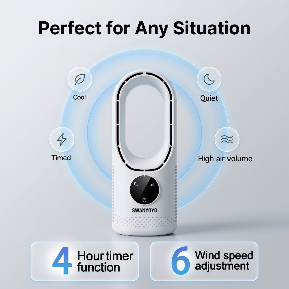 Portable Bladeless Fan USB Tower Fan, Desktop Air Conditioner Fan with Water Mist Cooling, Remote Control, Touch Screen, 7-Color LED Ambient Light and Timer, Personal Cooling Fan for Office, Travel, Camping, Home