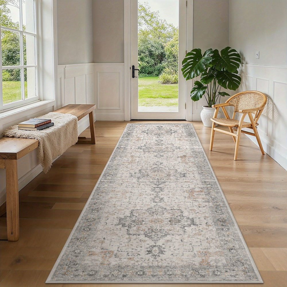 Runner Rug Machine Washable Non-Slip Vintage Hallway Area Rug Low Pile Lightweight Boho Floral for Entryway Kitchen Corridor Light Taupe Brown