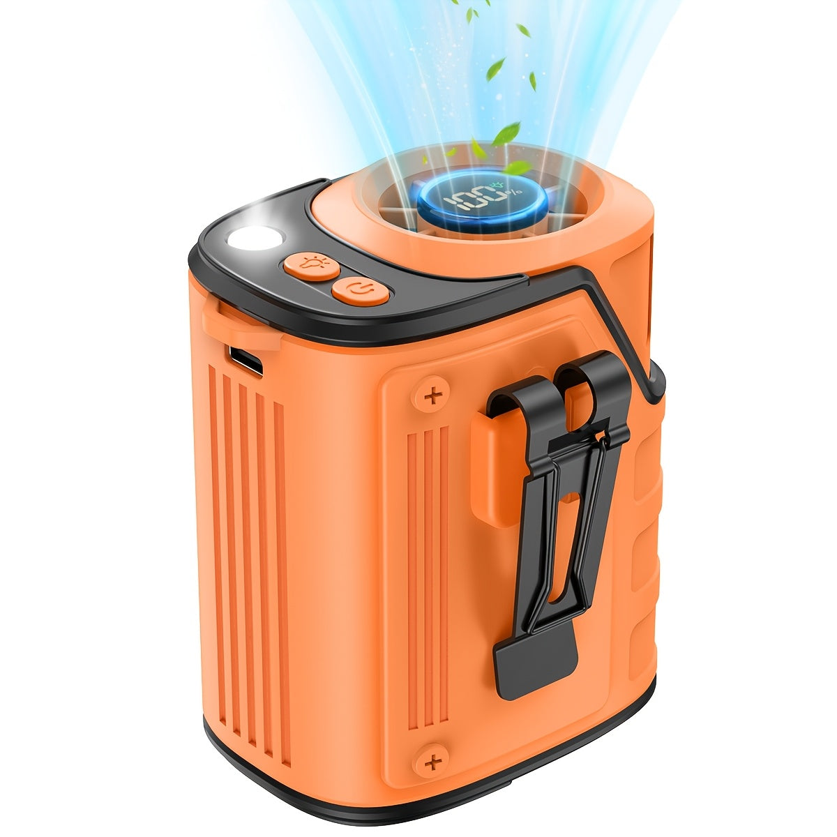 3-in-1 Portable Waist Fan with LED Flashlight & Power Bank | Rechargeable Clip-On Cooling Fan for Outdoor Work, Camping & Construction Sites, 3600mAh Battery, Digital Display