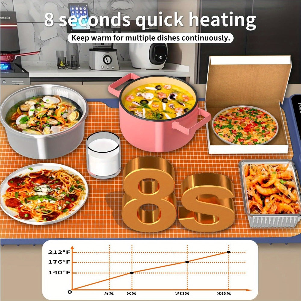 Electric Food Warming Mat with 6 Temperature Levels & 6-Hour Timer ¨C Full Surface Roll-Up Heating Tray for Holiday Parties Buffets Dining Table Keeps Food Warm Blue Beige