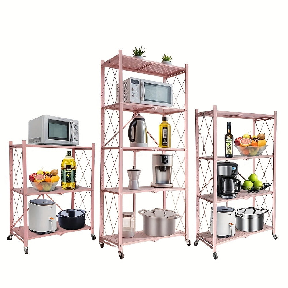 Foldable Storage Rack with Lockable Wheels 3 4 5 Tier Carbon Steel No Assembly Space Saving Floor Standing Shelf for Bedroom Balcony Garden