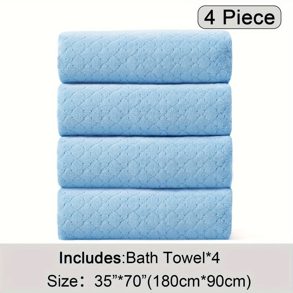 Oversized Bath Towel Set 4 Piece Diamond Pattern Microfiber - Ultra Soft Highly Absorbent Quick Dry | 10 Colors | Blue Green Black Gray Navy Orchid Brown Purple White Turquoise | Bathroom Hotel Gym Gift