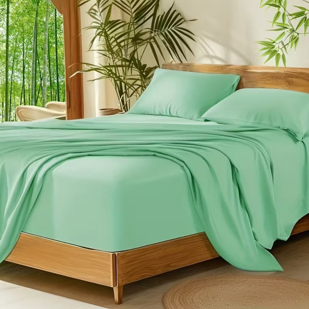 Bamboo Cooling Bed Sheet Set 4pcs - Ultra Soft Breathable Deep Pocket Fitted Sheets, 2200TC Cooling Fabric, Shrink & Wrinkle Resistant, All-Season Bedding