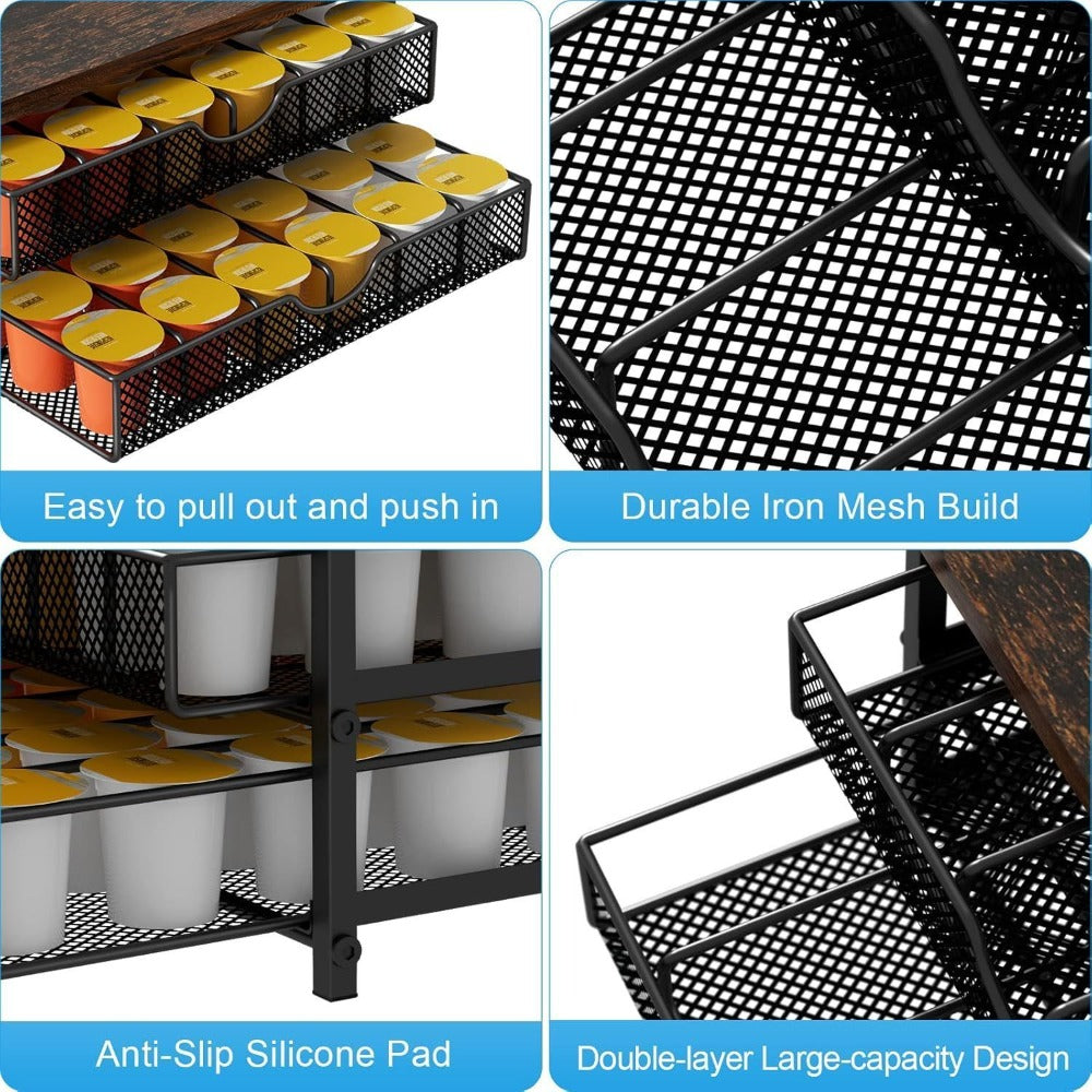 K-Cup Coffee Pod Holder 72 Capacity ¨C 2-Tier Sliding Drawer Coffee Pod Organizer with Wood Top & Metal Frame, Non-Slip Base, Stackable Countertop Storage for Home, Office & Cafe ¨C Silver