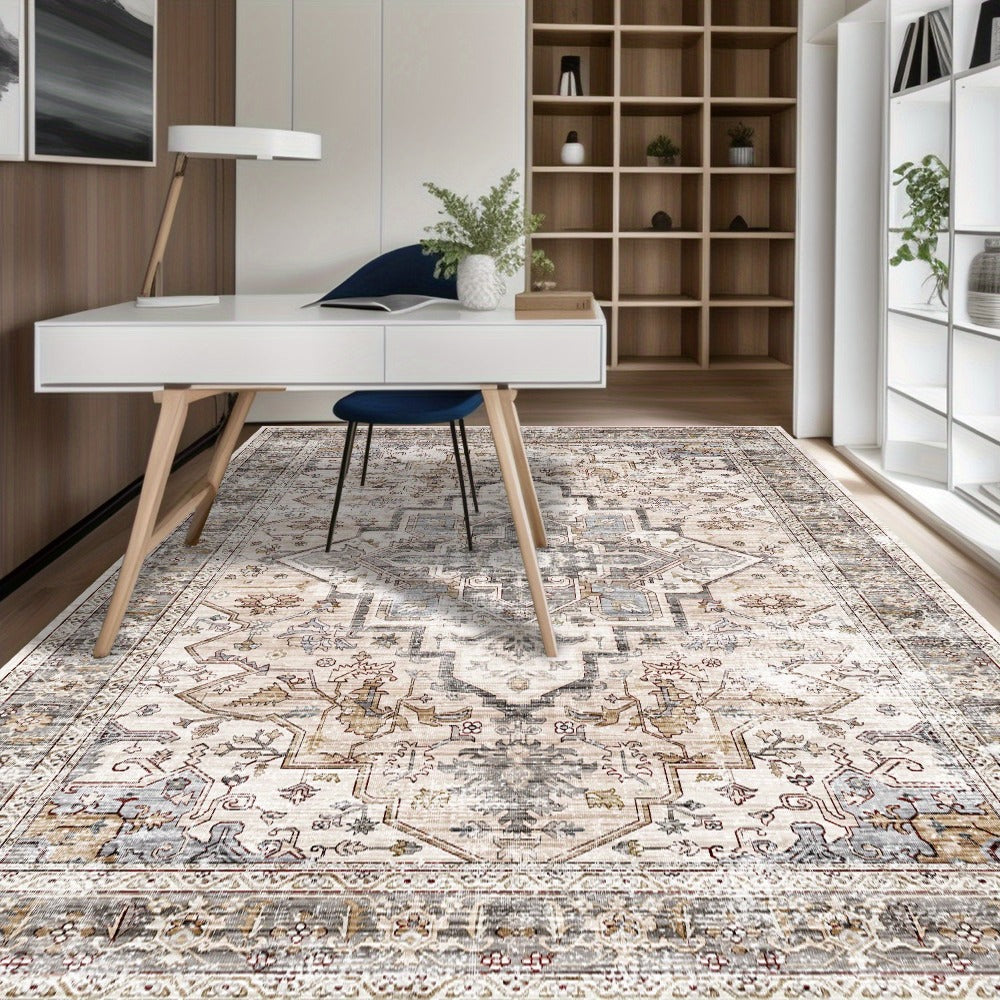 Bohemian Area Rug Ultra-Soft Non-Slip Washable Retro Foldable Carpet for Living Room Bedroom in Beige and Grey Multiple Sizes
