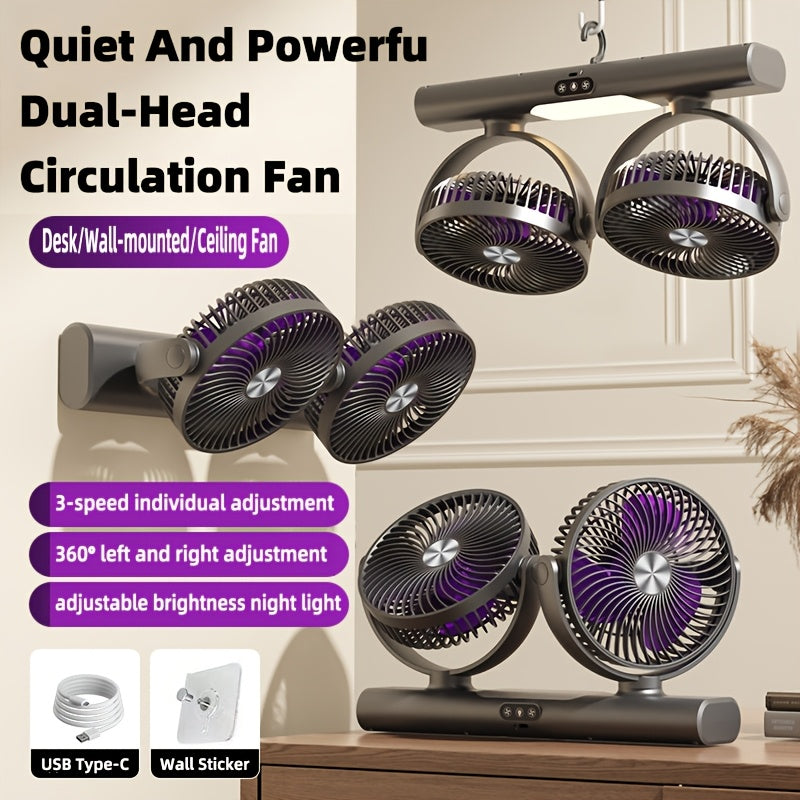 Double Head Air Circulation Fan USB Rechargeable | Desktop & Wall-Mounted 3-Speed Dual-Head Fan with Atmosphere Night Light, Multi-Angle Airflow for Camping, Home & Office ¨C Grey & White