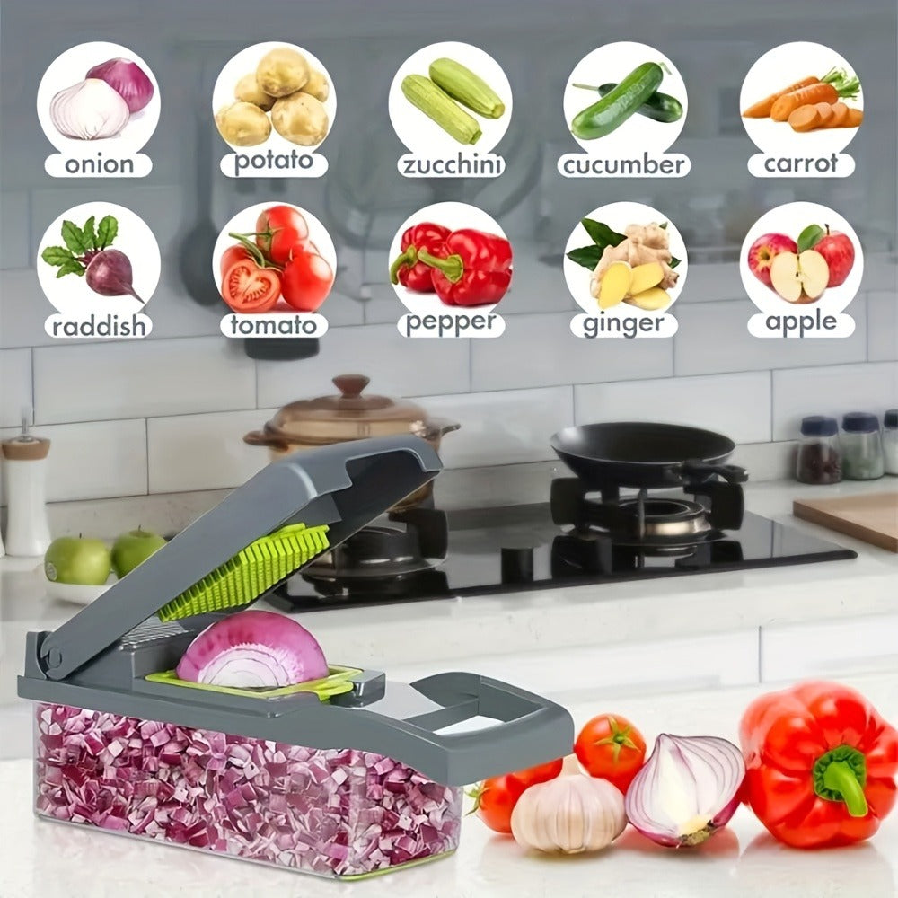 Vegetable Chopper 16-in-1 Manual Food Chopper Set ¨C 8 Stainless Steel Blades, 304 Container, Peeler & Filter | Onion, Garlic & Carrot Slicer Dicer | Professional Kitchen Meal Prep Tool