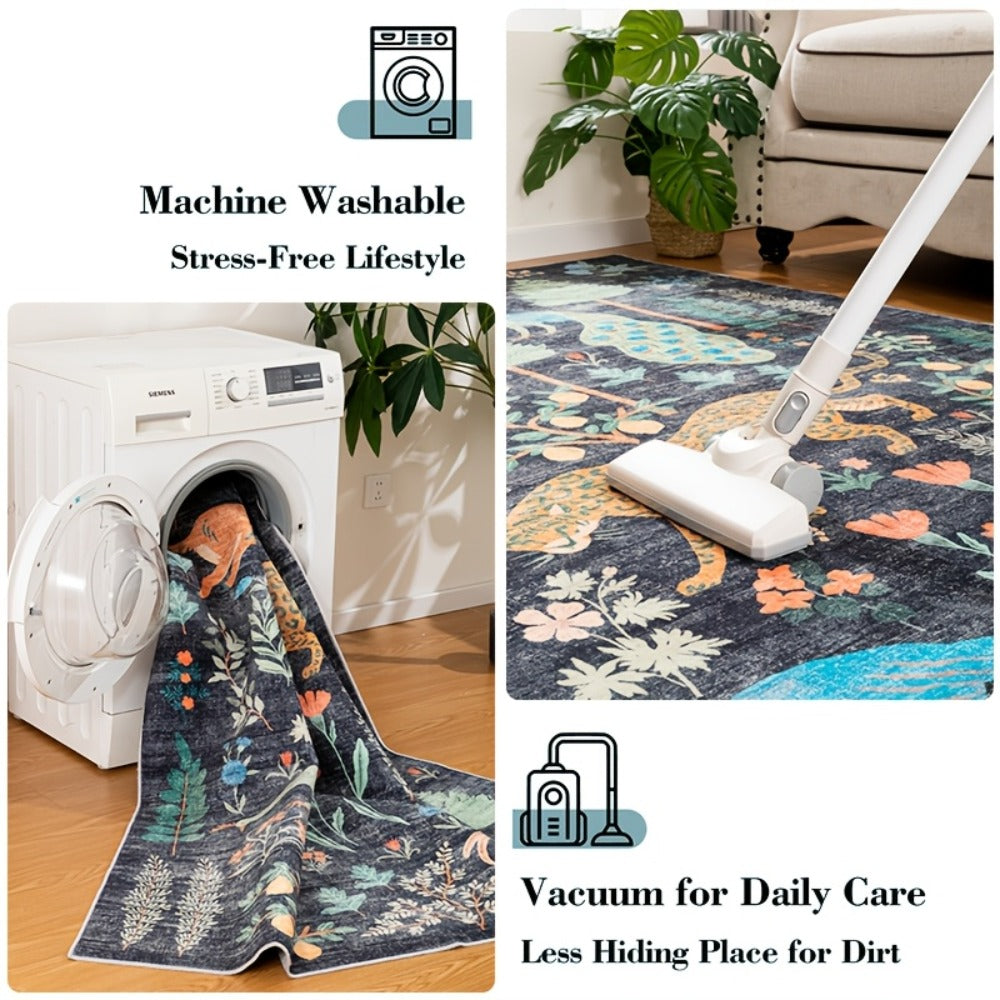 Area Rug 8x10 Ft Soft Non-Slip Machine Washable Large Floor Rug with Floral Forest Animal Patterns for Living Room Bedroom Home Decor ¨C Durable Easy Clean Indoor Carpet