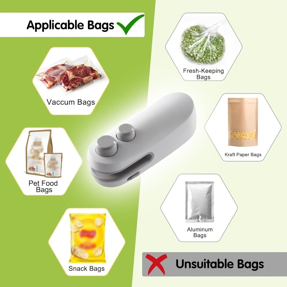 Mini Bag Sealer 2-Pack USB-C Rechargeable 2-in-1 Heat Seal with Cutter ¨C Magnetic Storage Bag Resealer for Plastic Snack Food Bags | Airtight Freshness Keeper Portable Kitchen Gadget White