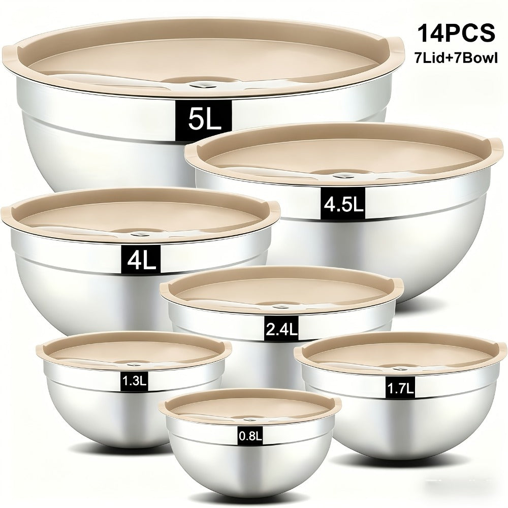Stainless Steel Mixing Bowls with Airtight Lids Set of 14 Seven Nesting Bowls 0.7 to 4.5QT for Mixing Serving Salad Food Prep Kitchen Storage