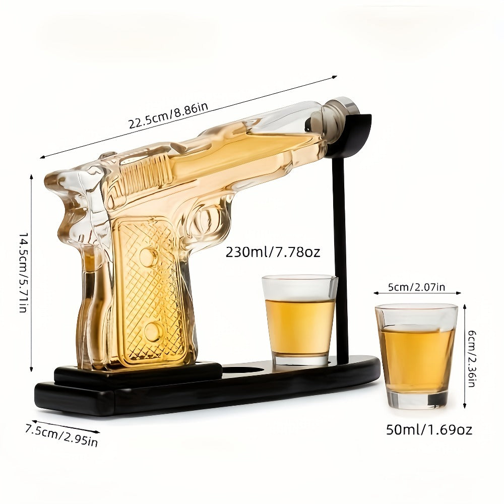 Whiskey Gun Decanter Set 10oz with 2 Bullet Shot Glasses & Wooden Stand, Handgun Shaped Liquor Decanter for Home Bar, Unique Novelty Gift for Men, Dad, Birthday & Valentine's Day