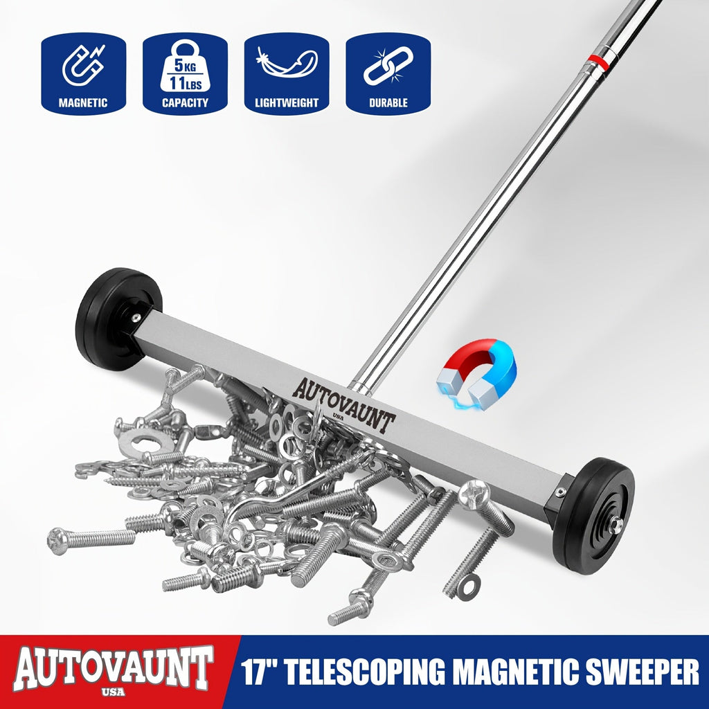 Rolling Magnetic Sweeper 17-Inch with Wheels ¨C Heavy Duty 8.8lb Capacity Telescoping Adjustable Handle 15¨C38 Inch Picks Up Screws Nails Nuts for Garage Workshop Construction