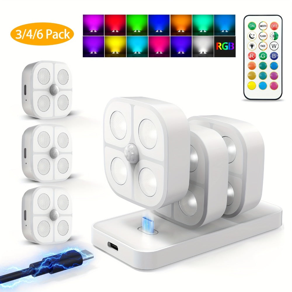 Puck Lights Rechargeable RGB with Charging Station - Motion Sensor Under Cabinet Lighting, Wireless LED Closet Lights with Remote Control, Color Changing Night Light for Hallway Stairway Bathroom Bedroom Kitchen, 3/4/6 Pack