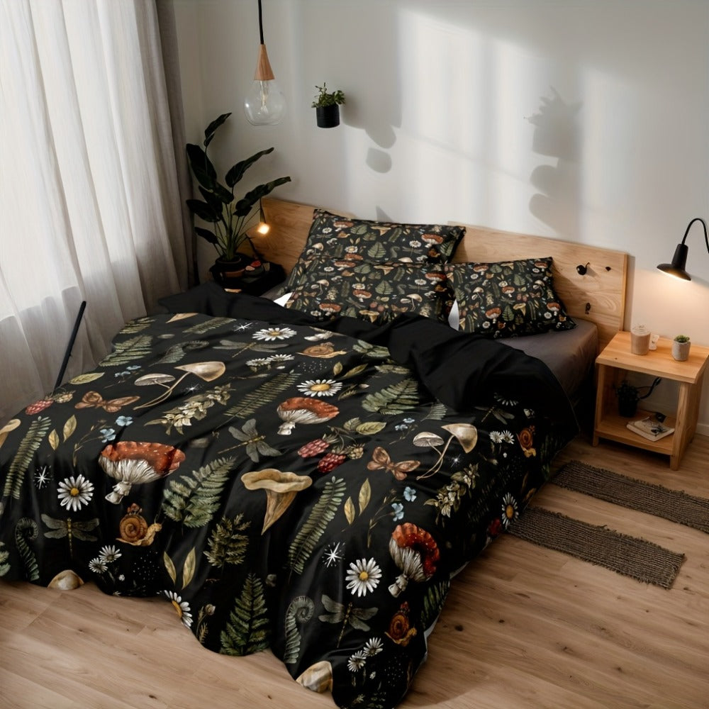 Duvet Cover Set 3-Piece Forest Mushroom Pattern ¨C Soft Polyester Bedding with Zipper Closure, Twin Full Queen King ¨C Bedroom & Guest Room