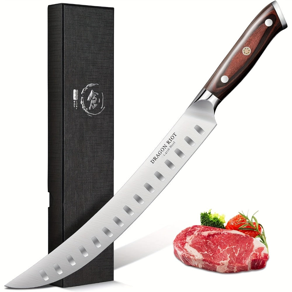 Brisket Carving Knife 10 Inch, High Carbon Steel Granton Edge Slicing Knife, Hand Forged Meat Carving Knife with Ergonomic Wood Handle for BBQ, Brisket, Roast & Turkey