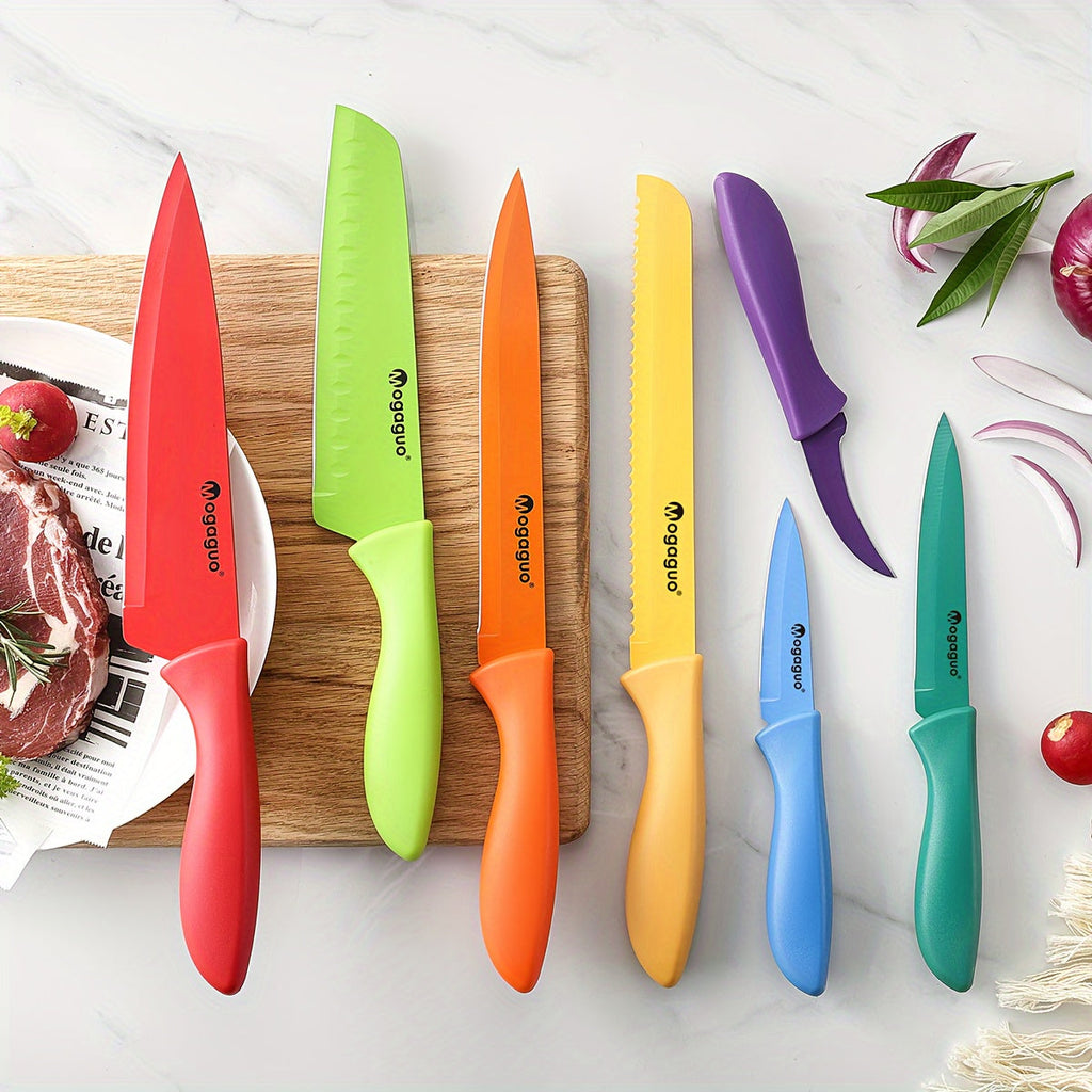 Rainbow Kitchen Knife Set 14pcs ¨C 7 Sharp Stainless Steel Knives with 7 Blade Guards, Dishwasher Safe, Non-Stick Professional Chef Knife Set with Sheaths