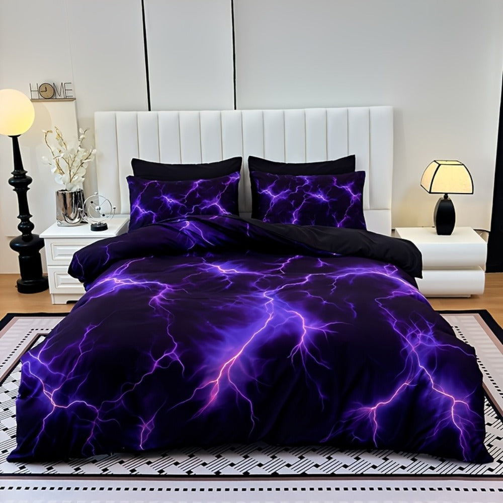 Duvet Cover Set 3 Piece Purple Lightning Digital Print - 100% Polyester Bedding Set with 2 Pillowcases, Twin Full Queen King, Colorful Graphic Bedroom Decor, Machine Washable