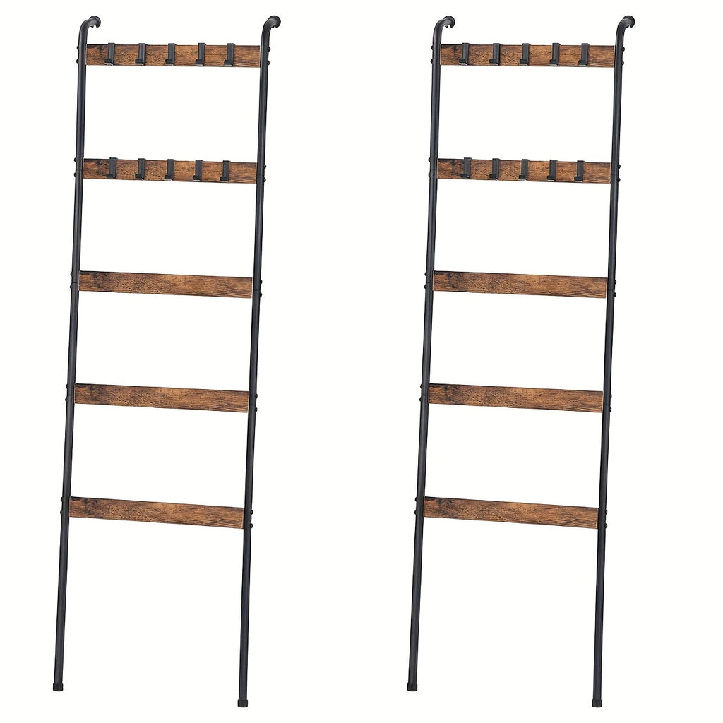 Blanket Ladder 5 Tier Farmhouse Wood with 10 Removable Hooks Wall Leaning Towel Rack Quilt Holder for Living Room Bathroom Bedroom Decor