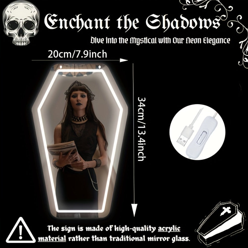 Gothic Coffin Shaped Neon Wall Mirror USB Powered LED Neon Light Mirror Irregular Decorative Art Mirror for Dark Gothic Aesthetic Bedroom Wall Decor Halloween Gift Cold White