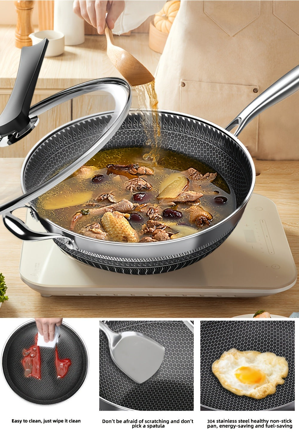 Stainless Steel Wok 13.3 Inch Honeycomb Non-Stick with Lid Spatula & Pot Brush ¨C All Cooktop Compatible Stir Fry Pan | Induction Gas Electric Ceramic | Complete Kitchen Wok Set Cooking Accessories