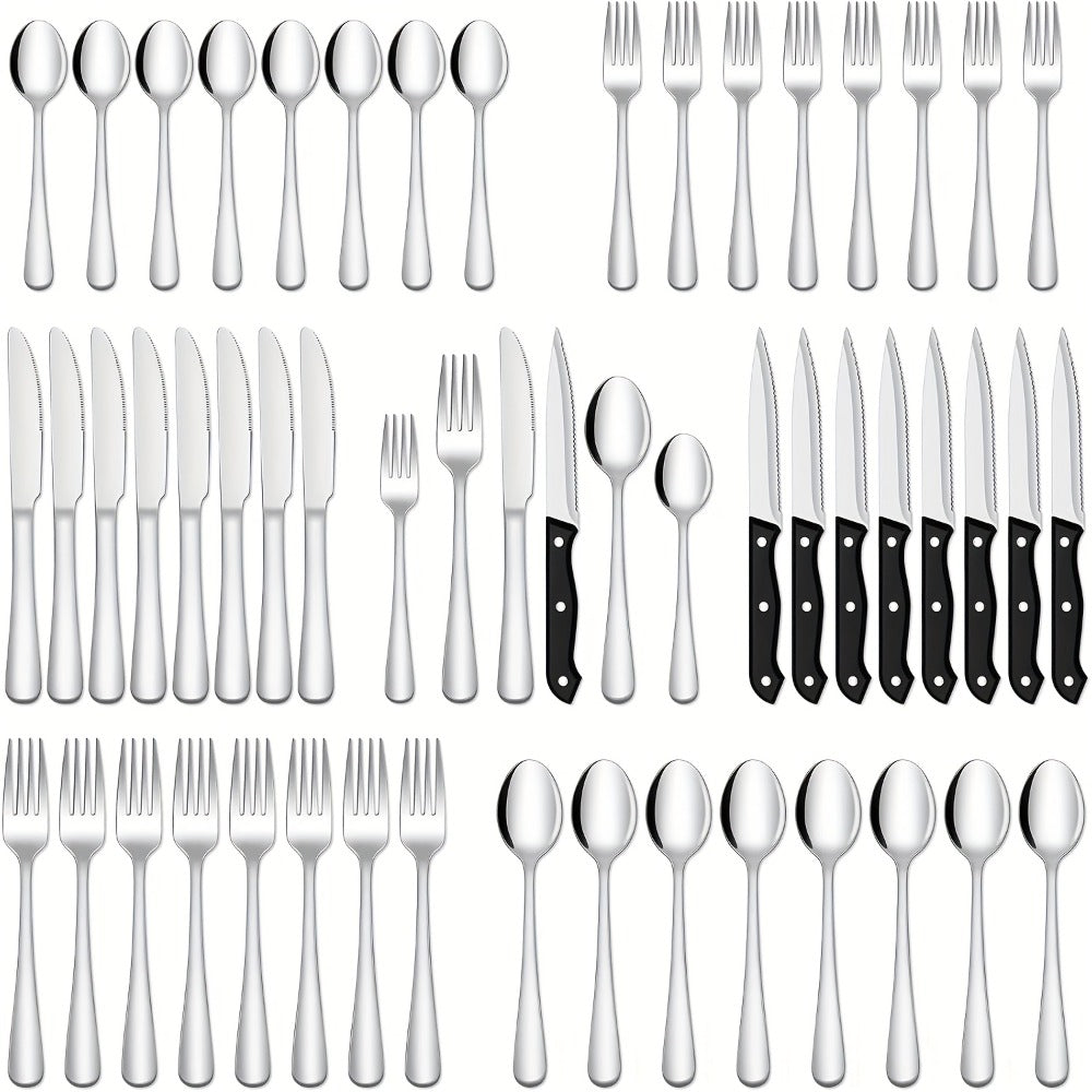 Stainless Steel Flatware Set with Steak Knives ¨C 24/48 Piece Silverware Set Service for 4 or 8, Mirror Polished Cutlery, Dishwasher Safe, Silver & Black