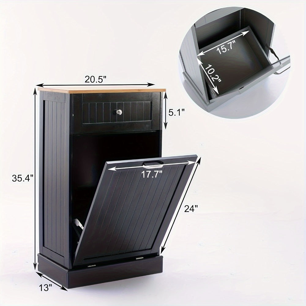 Tilt Out Trash Cabinet Freestanding Kitchen Garbage Cabinet with Cutting Board & Drawer ¨C Wood Hideaway Recycling Station, Fits 10 Gal, Black/White