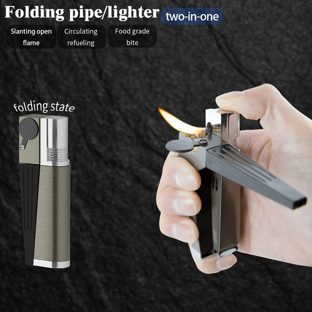 Folding Pipe Lighter Refillable 2-in-1 with Adjustable Flame, Metal-Crafted Durable Design, Gift Box Included ¨C Windproof Butane Lighter for Men, Outdoor, Christmas & Valentine¡¯s Day Gift