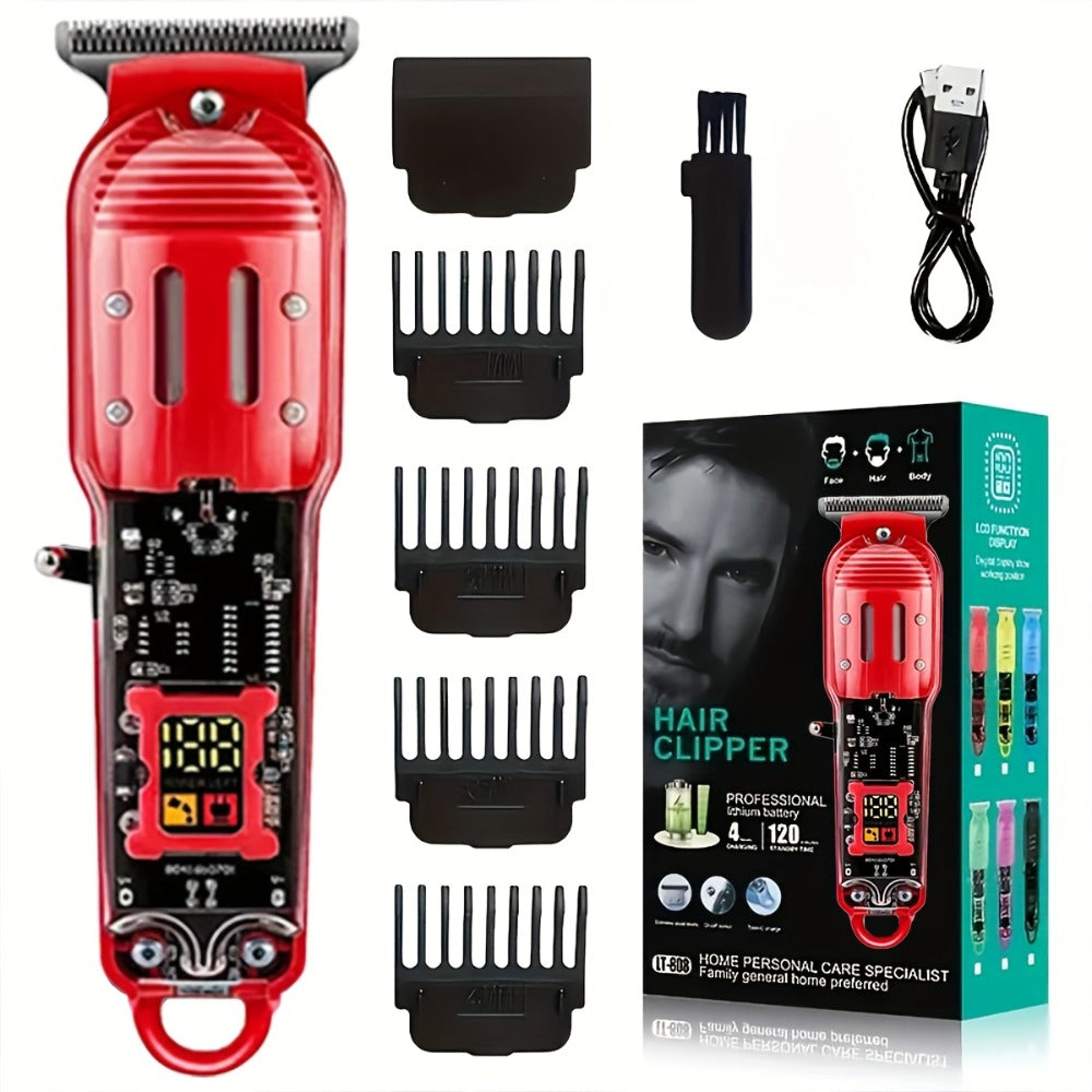 Professional Hair Cutting Kit for Men - Transparent USB Rechargeable Hair Clipper with LCD Display, T-Blade Trimmer, Electric Shaver, 4 Guide Combs & Cleaning Brush - Home Barber Grooming Gift Set