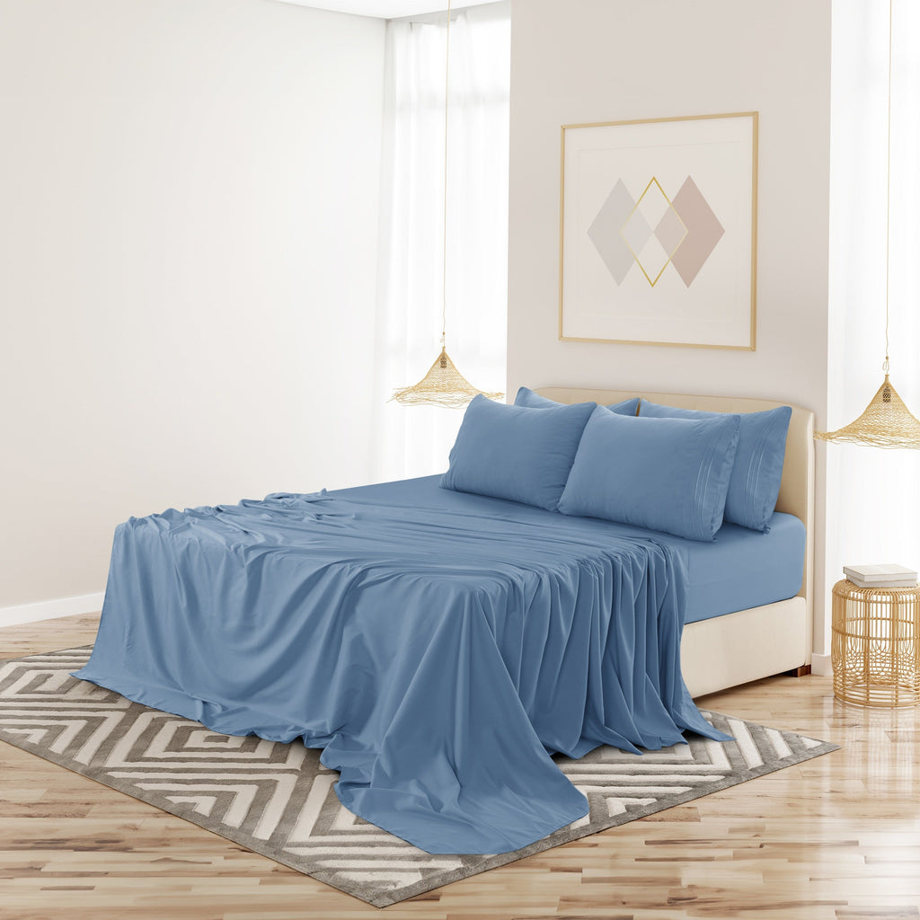 Fitted Sheet Set 6-Piece Brushed Polyester Deep Pocket Bed Sheets 20 Colors Hotel Luxury Soft Bedding with Embroidered Pillowcases