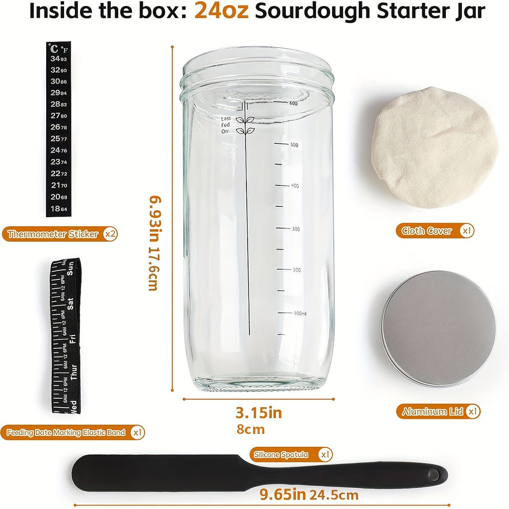 Glass Fermentation Jar Kit 24oz with Thermometer Scraper Cloth Lid Aluminum Lid and Auxiliary Label for Bread Baking Sourdough Juice Fermentation Available in 1 and 2 Pack