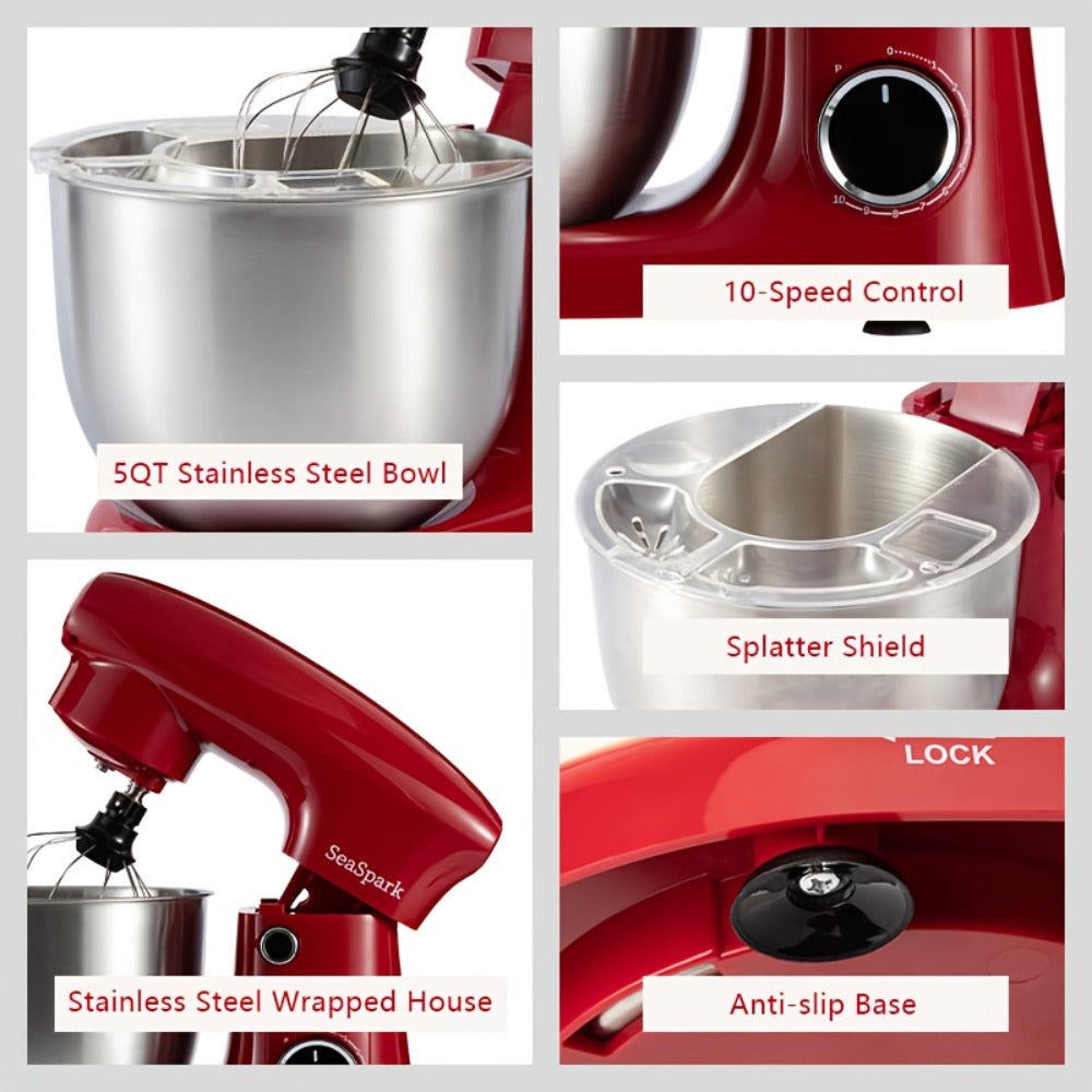3-in-1 Stand Mixer 10-Speed Tilt-Head with Pulse - 5.5QT Stainless Steel Bowl Kitchen Mixer with Dough Hook, Flat Beater & Egg Whisk, Spatula Included, 5L Capacity, Red, Black, Silver