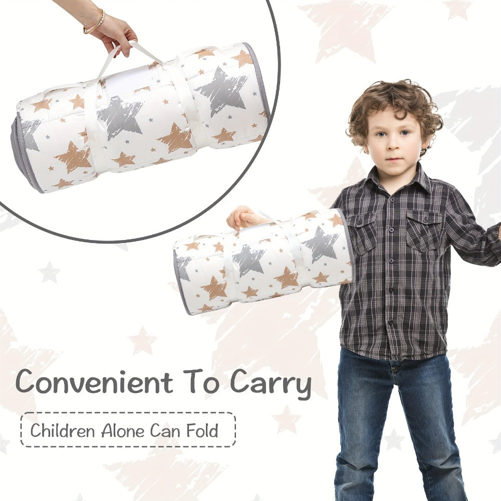 Toddler Nap Mat with Removable Pillow & Minky Blanket, Rollup Kids Sleeping Mat for Daycare Preschool, Portable Toddler Sleeping Bag for Travel Camping, Star Pattern