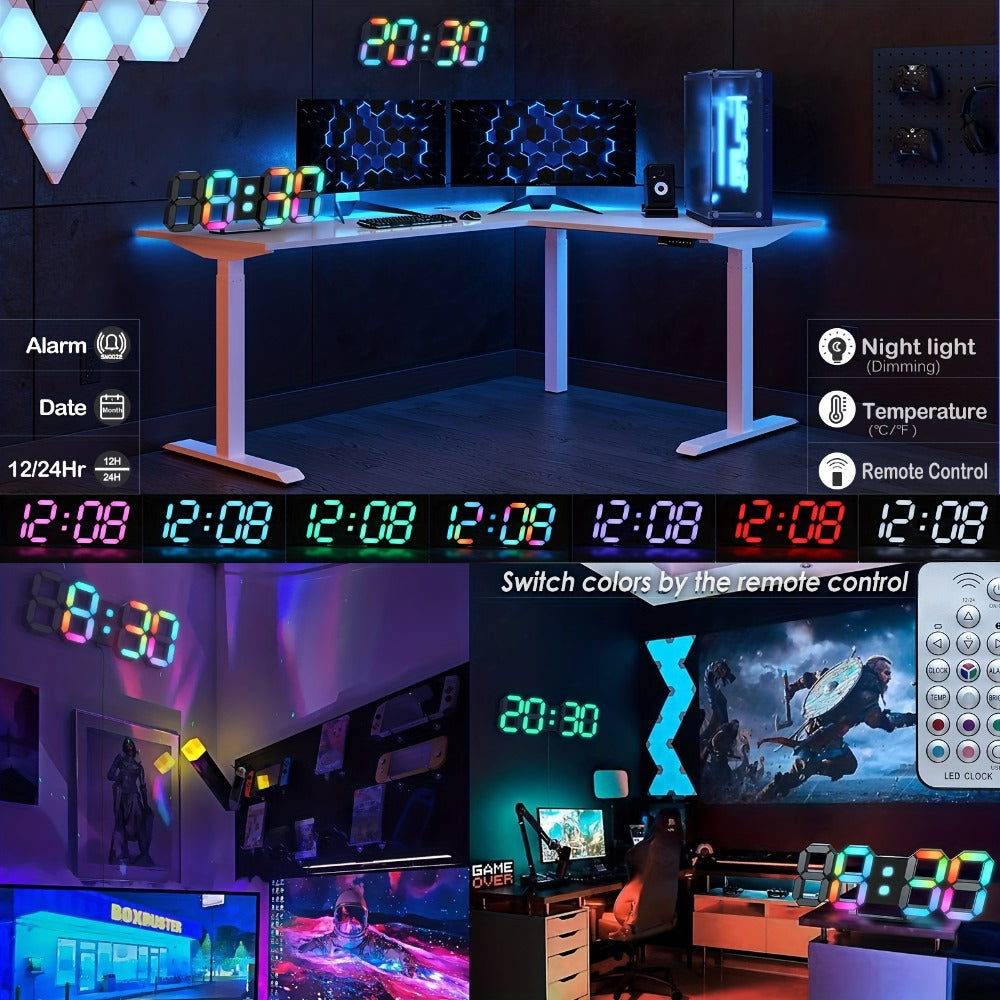 Digital Wall Clock RGB Neon LED 9.7¡± Large Display ¨C Aesthetic Alarm Clock with Remote Control, Adjustable Brightness, Date & Temperature Display for Bedroom, Living Room, Office & Gym