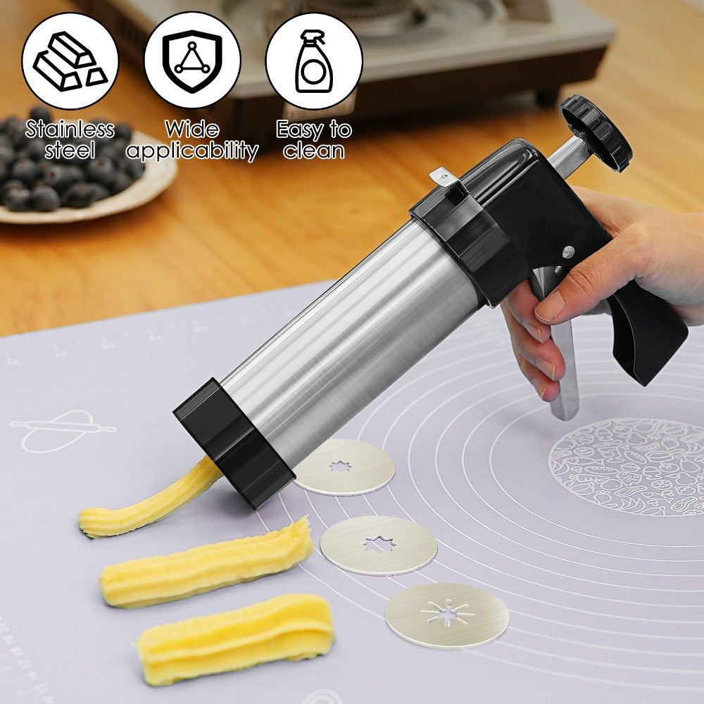 Cookie Press Kit Stainless Steel - 16 Cookie Discs & 8 Icing Tips, Biscuit Press Maker for Christmas Holiday Baking, Cake Dessert Decorating Tool Set with Cleaning Brush