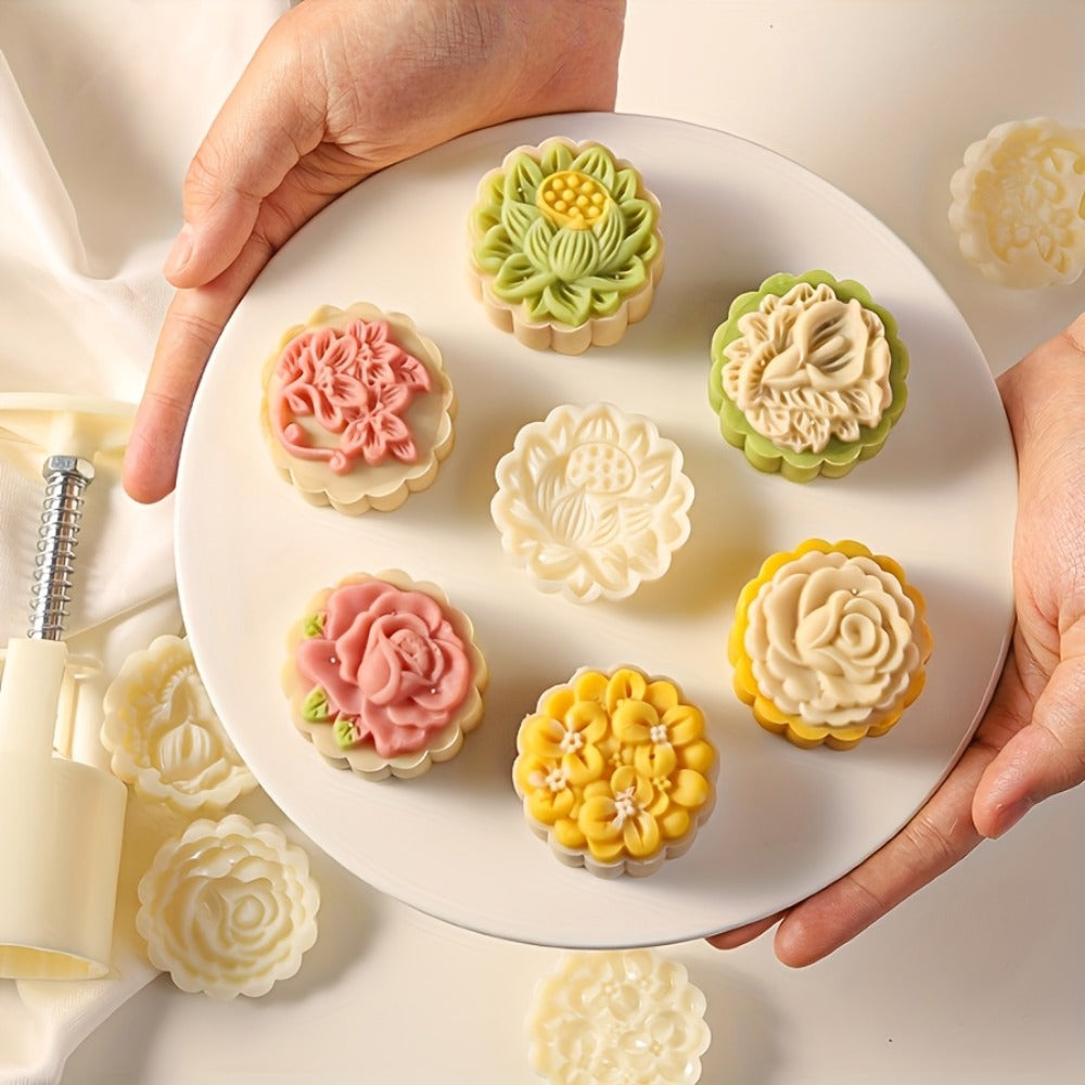 Mooncake Mold 7pcs Set, 50g Hand Press Moon Cake Maker with 6 Flower Pattern Stamps, Mid-Autumn Festival Cookie Stamp Pastry Tool, Plastic Mooncake Press Mold for DIY Baking