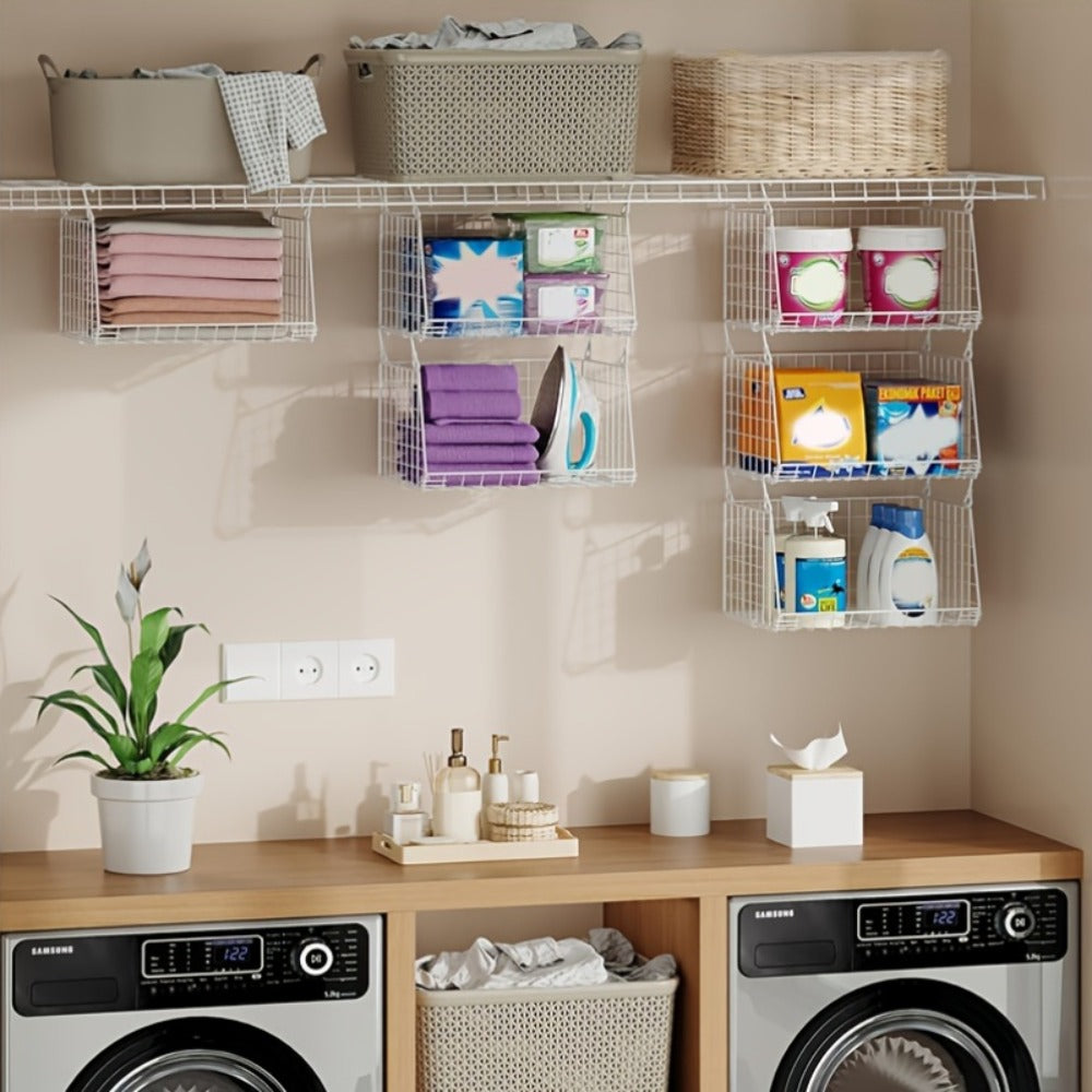 Hanging Laundry Basket Organizer 3pcs - Foldable Laundry Bag with 360¡ã Rotating Hook for Washing Machine & Drying Rack, Space Saving Metal Mesh Laundry Hamper for Bathroom, Laundry Room | Black & White