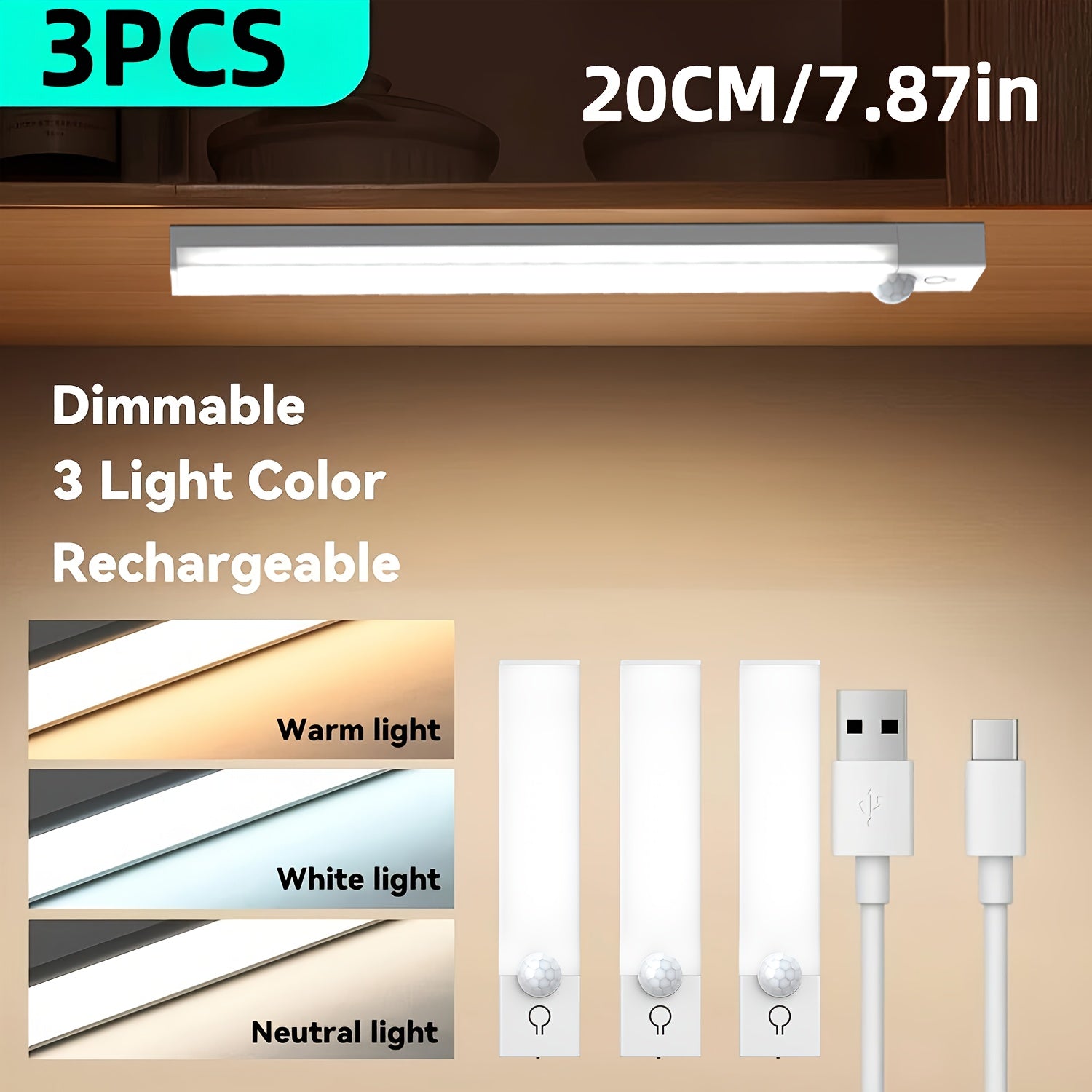 Motion Sensor Light 3 Pack USB Rechargeable LED Cabinet Light Dimmable 3 Color Temps Magnetic Base for Kitchen Closet Stairs Hallway Bedroom 7.87¡± 11.81¡±