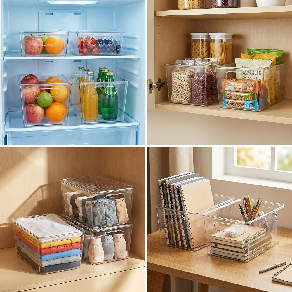 Clear Stackable Storage Bins with Lids 6 Pack - Medium Plastic Organizer Containers with Handles for Pantry Kitchen Fridge Cabinet Closet and Bathroom, Food Safe Transparent Bins for Snacks Drinks Canned Goods and Household Supplies, 10x6x5 Inch