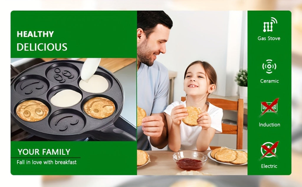 Non-Stick Pancake Pan 7-Hole Smiley Face ¨C Fun Breakfast Egg & Bacon Frying Tray for Kids & Family, Easy to Clean, Mini Pancake Maker Baking Pan Kitchen Cooking Tool