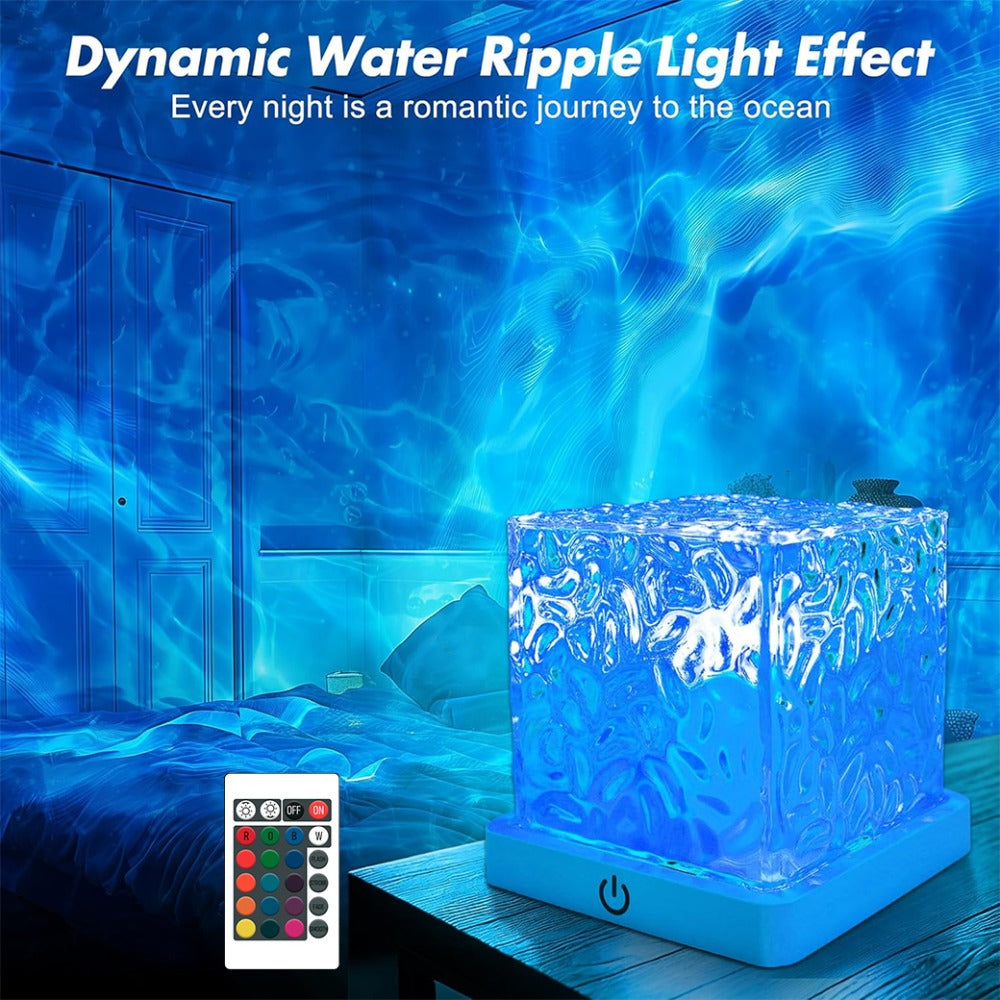 RGB Night Light Rechargeable 16-Color Ocean Wave Projection Lamp - Rotating Flame Water Ripple Remote Dimming for Bedroom Bar Restaurant Display Cabinet Decor