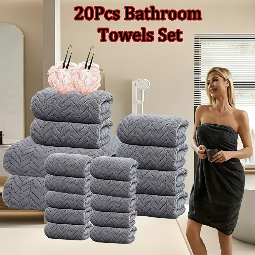 Microfiber Bath Towel Set 18/20pcs - Coral Fleece Absorbent Quick Dry Soft Large Bath Towels for Home Bathroom Spa Gift with Washcloths Bath Ball
