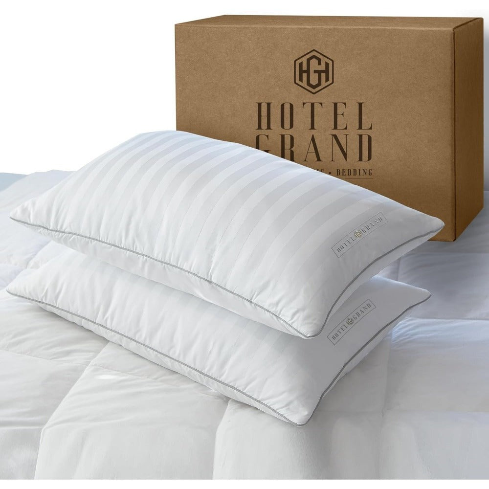 Hotel Collection Feather Down Bed Pillows Set of 2 ¨C 500 Thread Count 100% Cotton, Soft Hypoallergenic Queen King Standard Size Back Side Sleeper Pillow 2 Pack