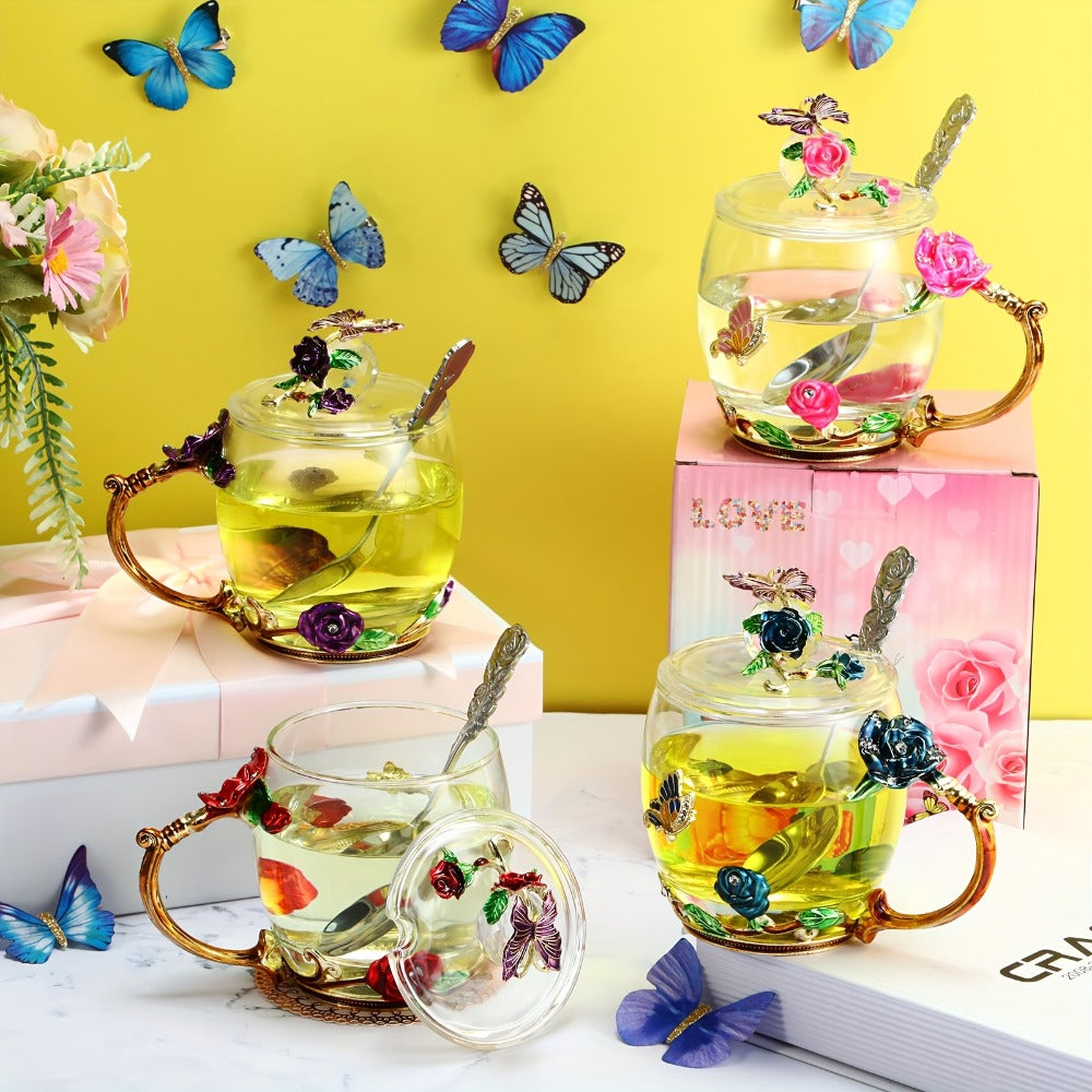 Flower Glass Tea Cups with Lids and Spoon Set of 4 ¨C Butterfly Floral Vintage Clear Glass Mugs 11oz, Fancy Teacup Gift Set for Women Mom Wife Girlfriend, Pink Purple Blue Red