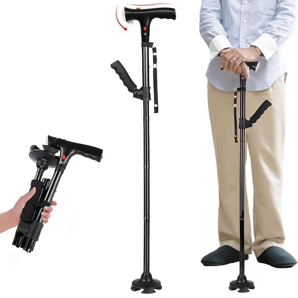 Foldable Walking Cane for Seniors Adjustable Height Folding Stick with Wrist Strap T-Handle Printed Design Portable Lightweight Mobility Aid Gift for Parents
