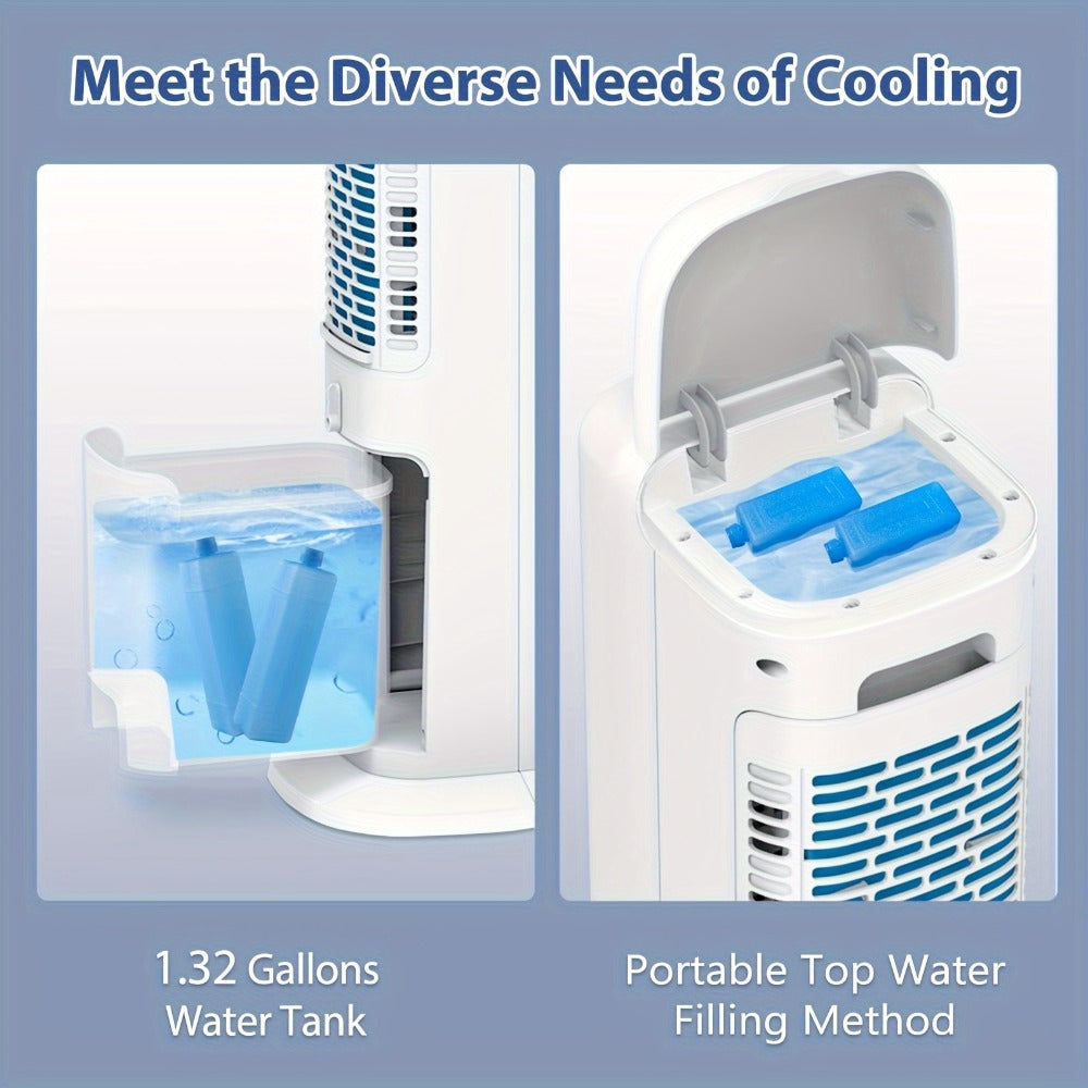 Evaporative Air Cooler Portable 1.32 Gal, 3-in-1 Swamp Cooler Fan Humidifier with Ice Cooling, 4 Ice Packs, 70¡ã Oscillation & Low Noise, Bladeless Tower Fan Air Conditioner for Bedroom Kitchen Office
