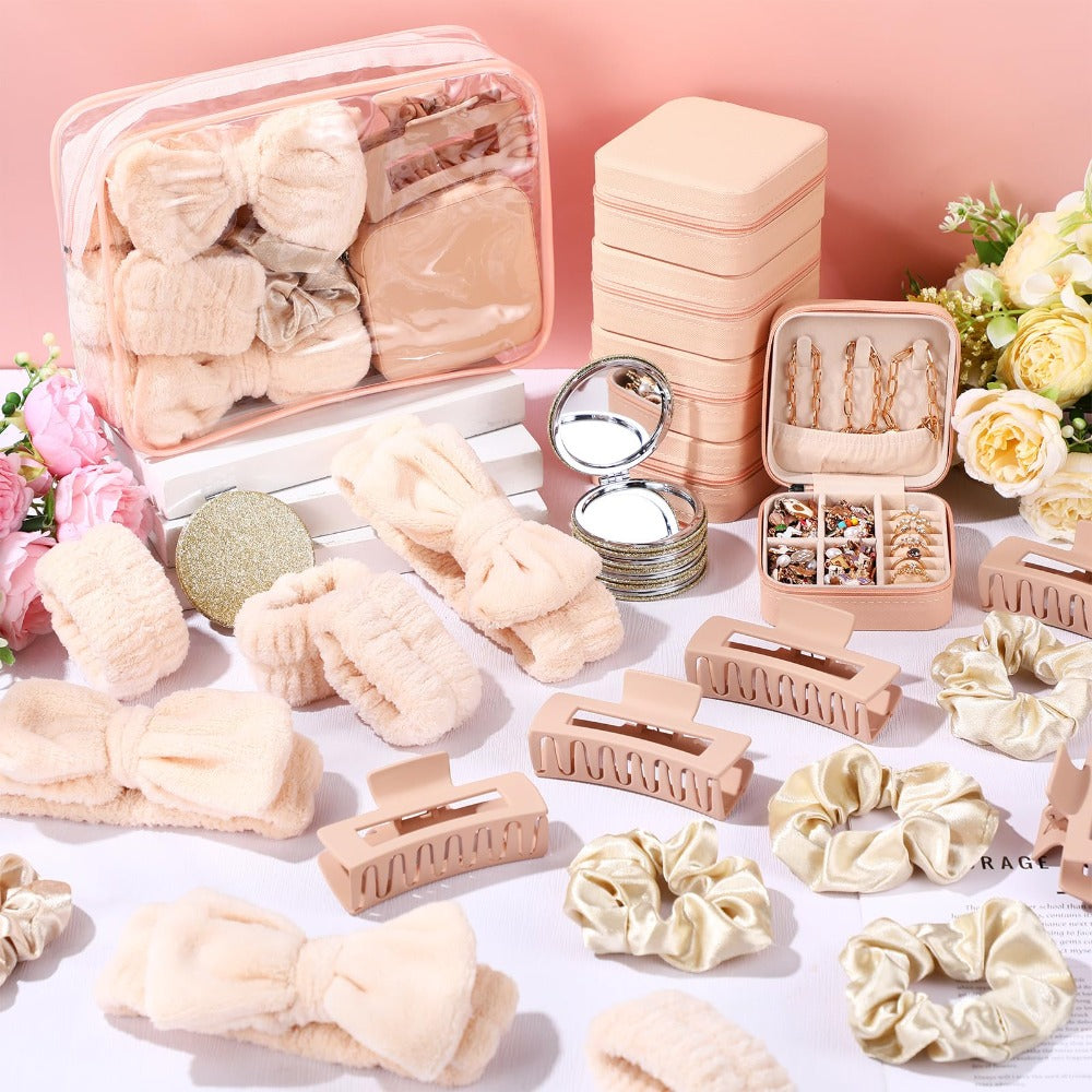 Spa Party Favors Set 48pcs for Women ¨C Sleepover Party Supplies with Headband, Wristband, Scrunchies, Hair Clip, Jewelry Case, Makeup Bag & Mirror, Bridesmaid Proposal Gift, Girls Night Return Gifts
