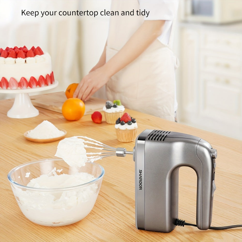 Electric Hand Mixer 250W with Storage Case ¨C 5-Speed Plus Turbo Handheld Mixer with 5 Stainless Steel Attachments (2 Beaters, 2 Dough Hooks & 1 Whisk) ¨C Kitchen Baking Mixer in Blue, Black, White & Silver