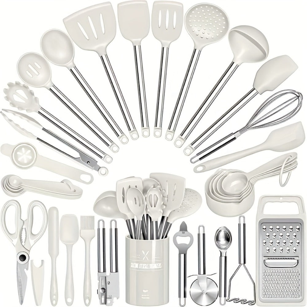 Silicone Cooking Utensils Set 34 Piece with Stainless Steel Handle, Heat Resistant Kitchen Gadgets Tools for Nonstick Cookware, Spatulas Spoons Tongs Whisk Complete Kitchen Accessories Gift Set