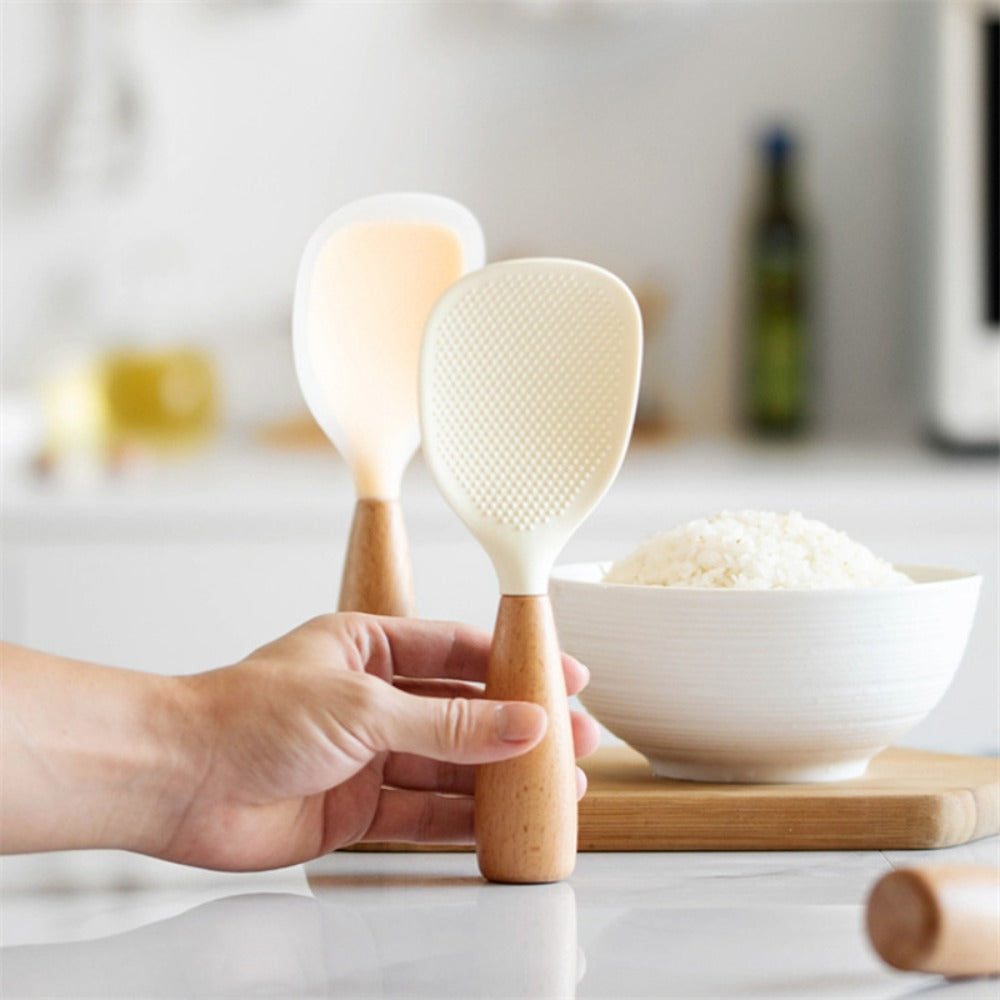 Silicone Rice Spatula Serving Spoon 2 Pack Wooden Handle Heat Resistant Durable Standing Spoon for Nonstick Pans Rice Cookers Grains Potato Server Kitchen Utensil Orange