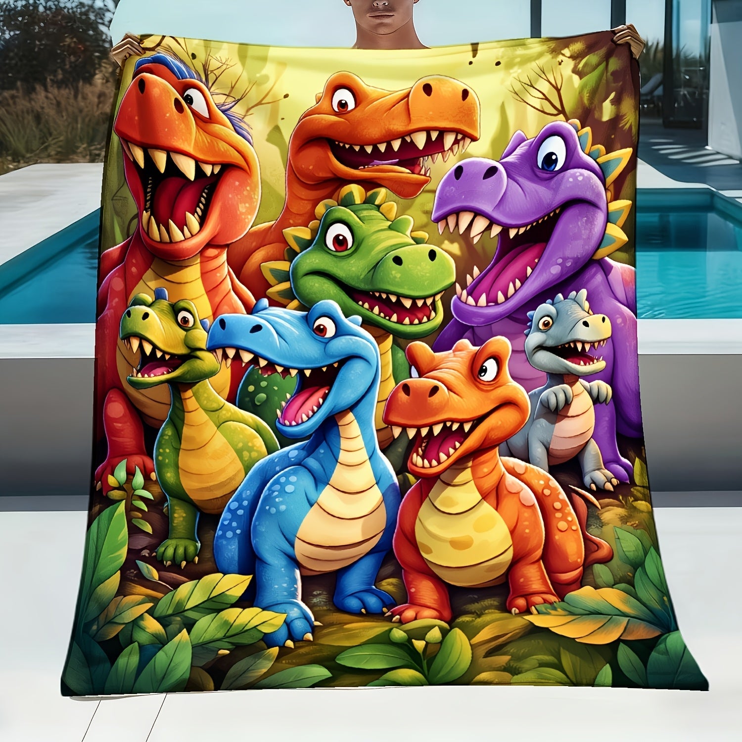 Dinosaur Print Flannel Throw Blanket ¨C 250-300gsm Soft Lightweight Cartoon Dino Blanket for Kids, Couch, Bed & Travel, 5 Sizes
